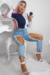 Navy and White Contrast Long Sleeved Bodysuit - Lareen-Bodysuits