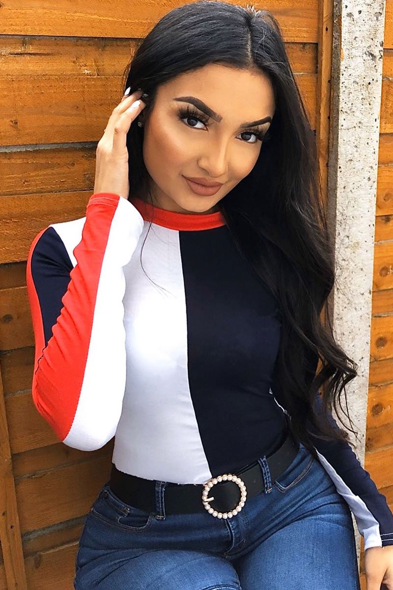 Navy and White Contrast Long Sleeved Bodysuit - Lareen-Bodysuits