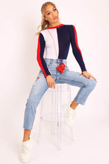 Navy and White Contrast Long Sleeved Bodysuit - Lareen-Bodysuits