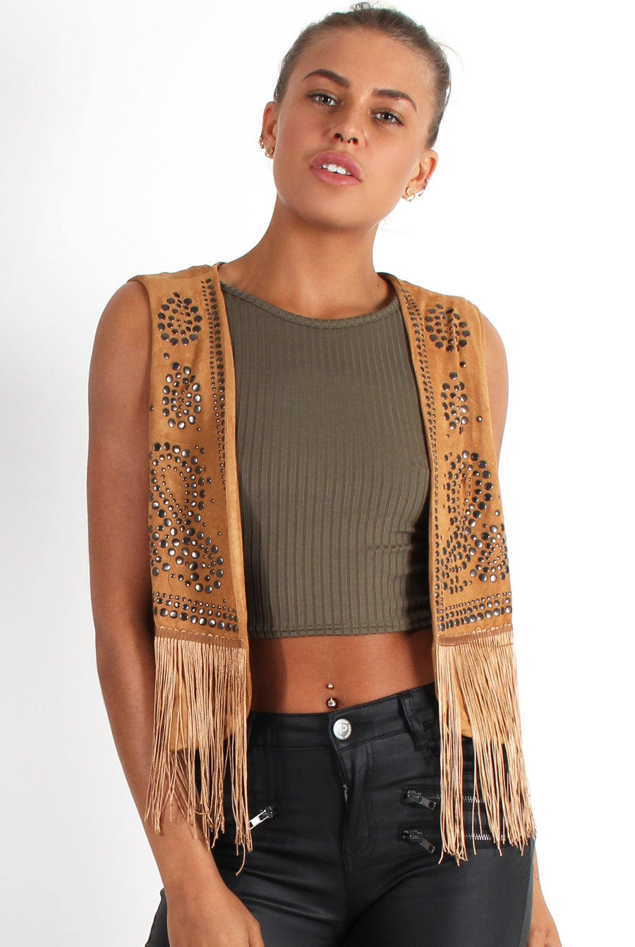 Naya Tan Studded Waistcoat-Coats
