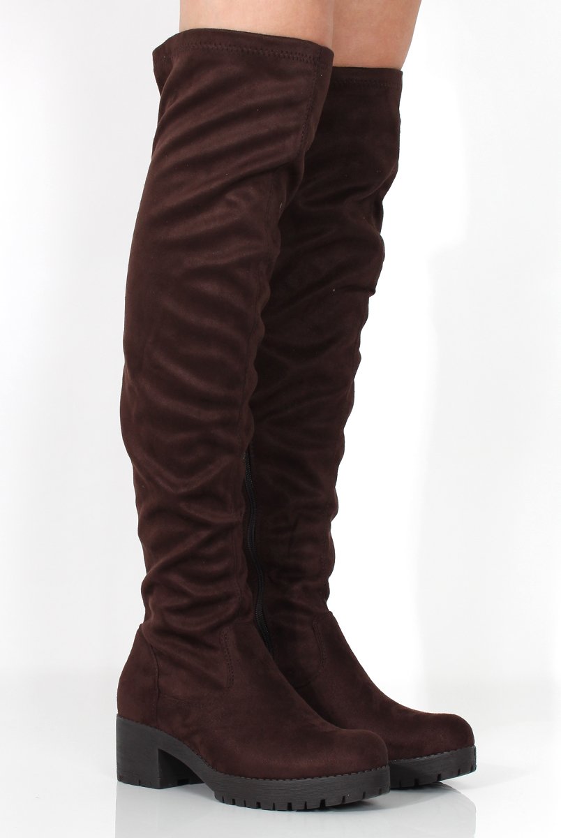 Nelly Brown Over The Knee Suede Boots-Boots