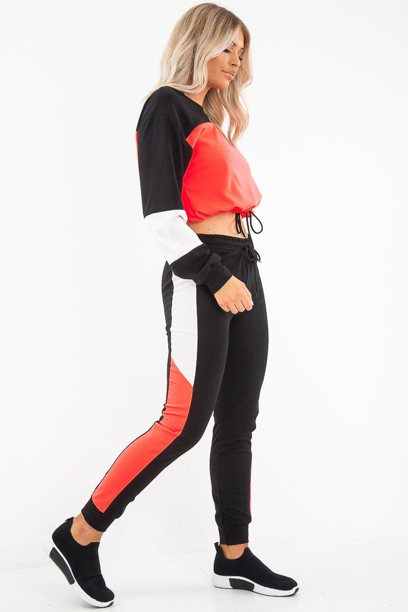 Neon Coral Colour Block Sweatshirt Tracksuit - Kazia-Tracksuits