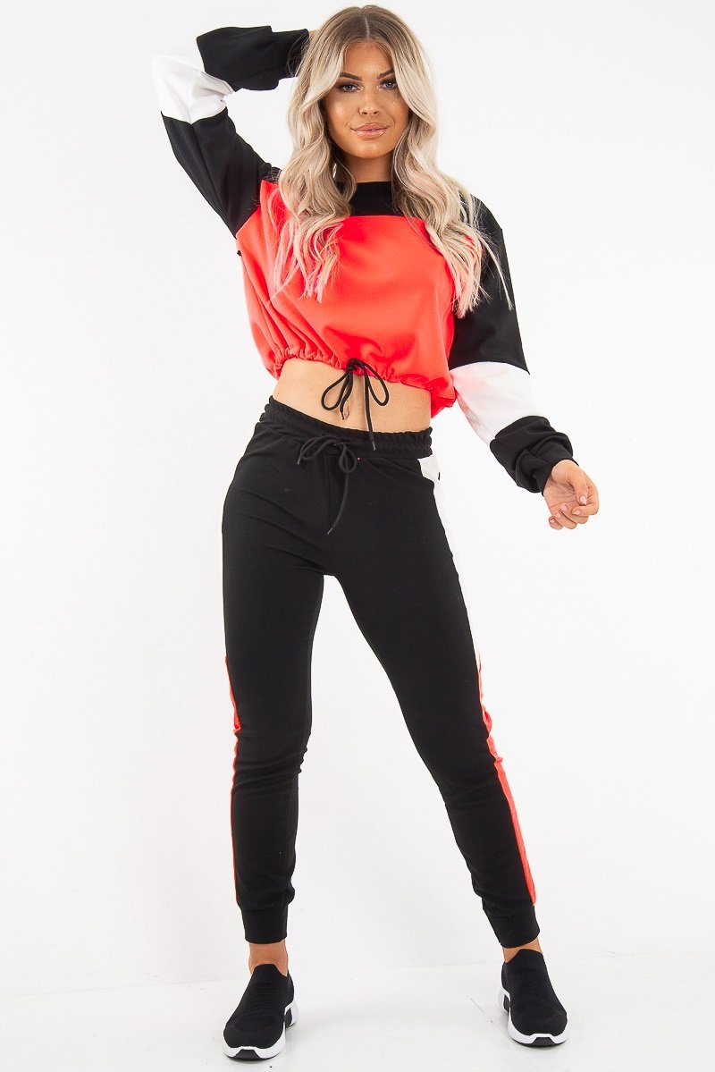 Neon Coral Colour Block Sweatshirt Tracksuit - Kazia-Tracksuits