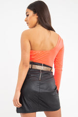 Neon Coral One Sleeve Cut Out Bodysuit - Lyana-Bodysuits