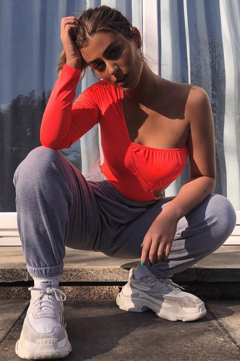 Neon Coral One Sleeve Cut Out Bodysuit - Lyana-Bodysuits