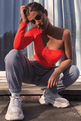 Neon Coral One Sleeve Cut Out Bodysuit - Lyana-Bodysuits