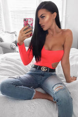 Neon Coral One Sleeve Cut Out Bodysuit - Lyana-Bodysuits