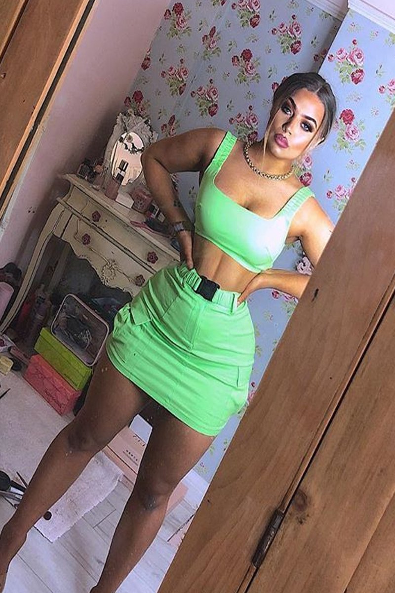 Neon Green Buckle Cargo Skirt and Crop Top Co-ord - Naliyah-Co-ords
