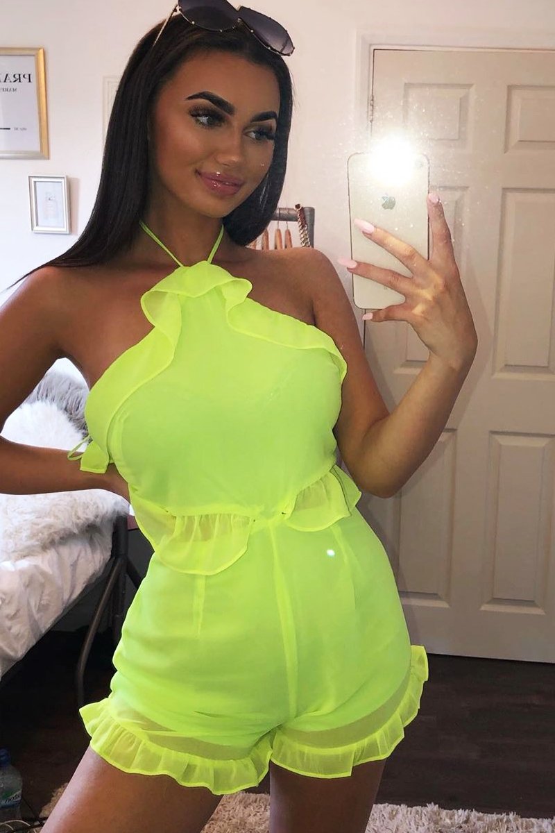 Neon Green Crepe Frill Playsuit - Luanna-Playsuits