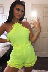 Neon Green Crepe Frill Playsuit - Luanna-Playsuits