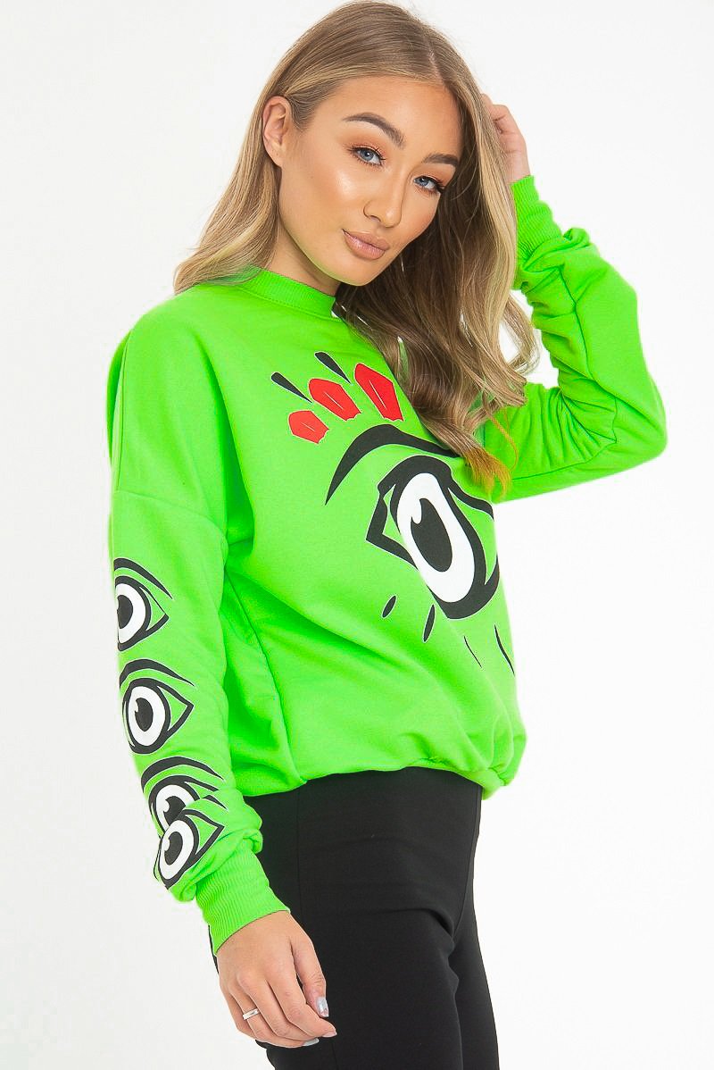 Neon Green Eye Print Crew Neck Sweatshirt - Lynden-Sweatshirts