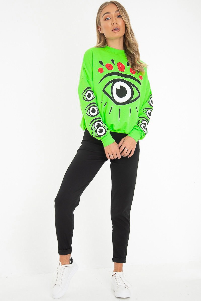 Neon Green Eye Print Crew Neck Sweatshirt - Lynden-Sweatshirts