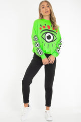 Neon Green Eye Print Crew Neck Sweatshirt - Lynden-Sweatshirts