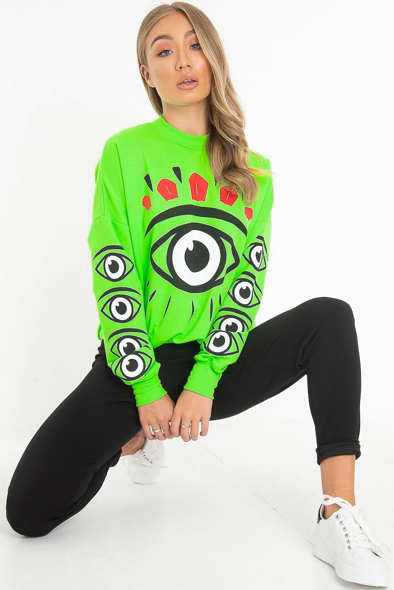 Neon Green Eye Print Crew Neck Sweatshirt - Lynden-Sweatshirts