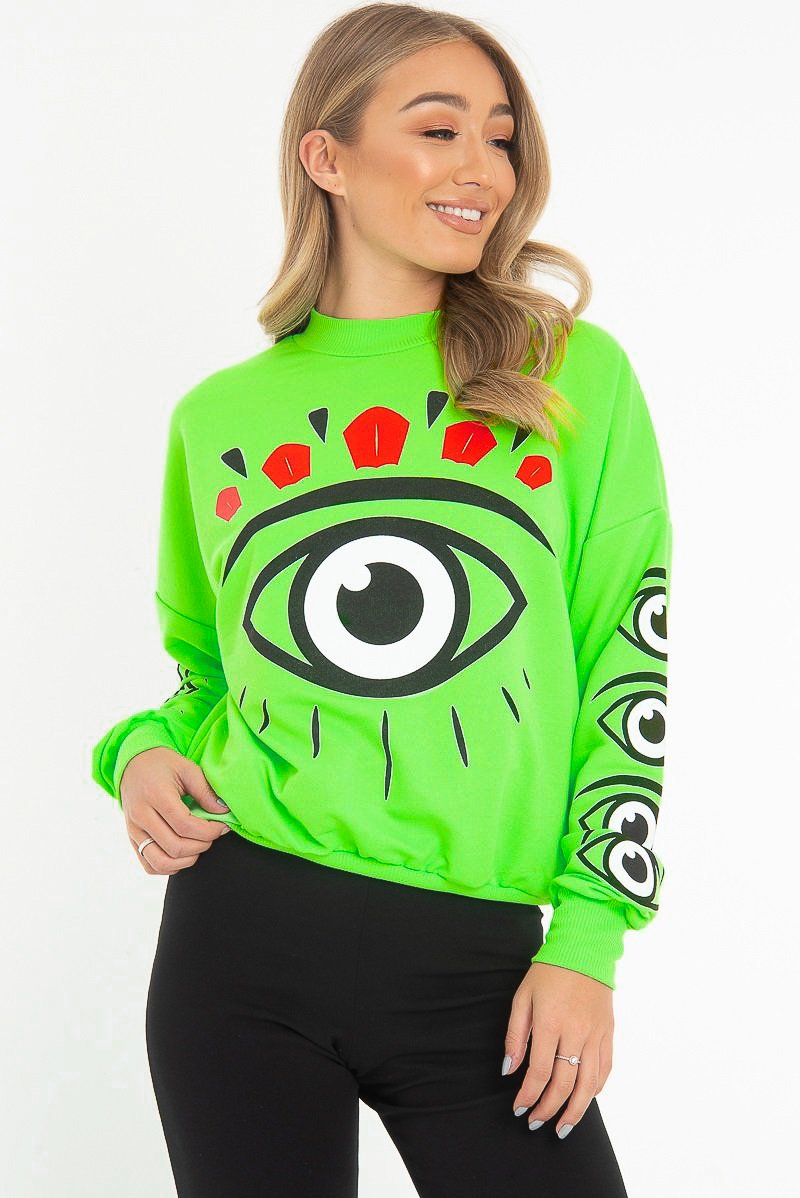 Neon Green Eye Print Crew Neck Sweatshirt - Lynden-Sweatshirts