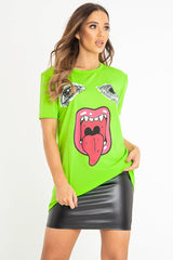 Neon Green Eyes Lips Print T-Shirt - Ayva-T-shirt
