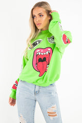 Neon Green Eyes Lips Printed Sweatshirt - Beckie-Sweatshirts