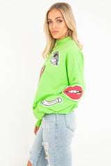 Neon Green Eyes Lips Printed Sweatshirt - Beckie-Sweatshirts