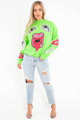 Neon Green Eyes Lips Printed Sweatshirt - Beckie-Sweatshirts