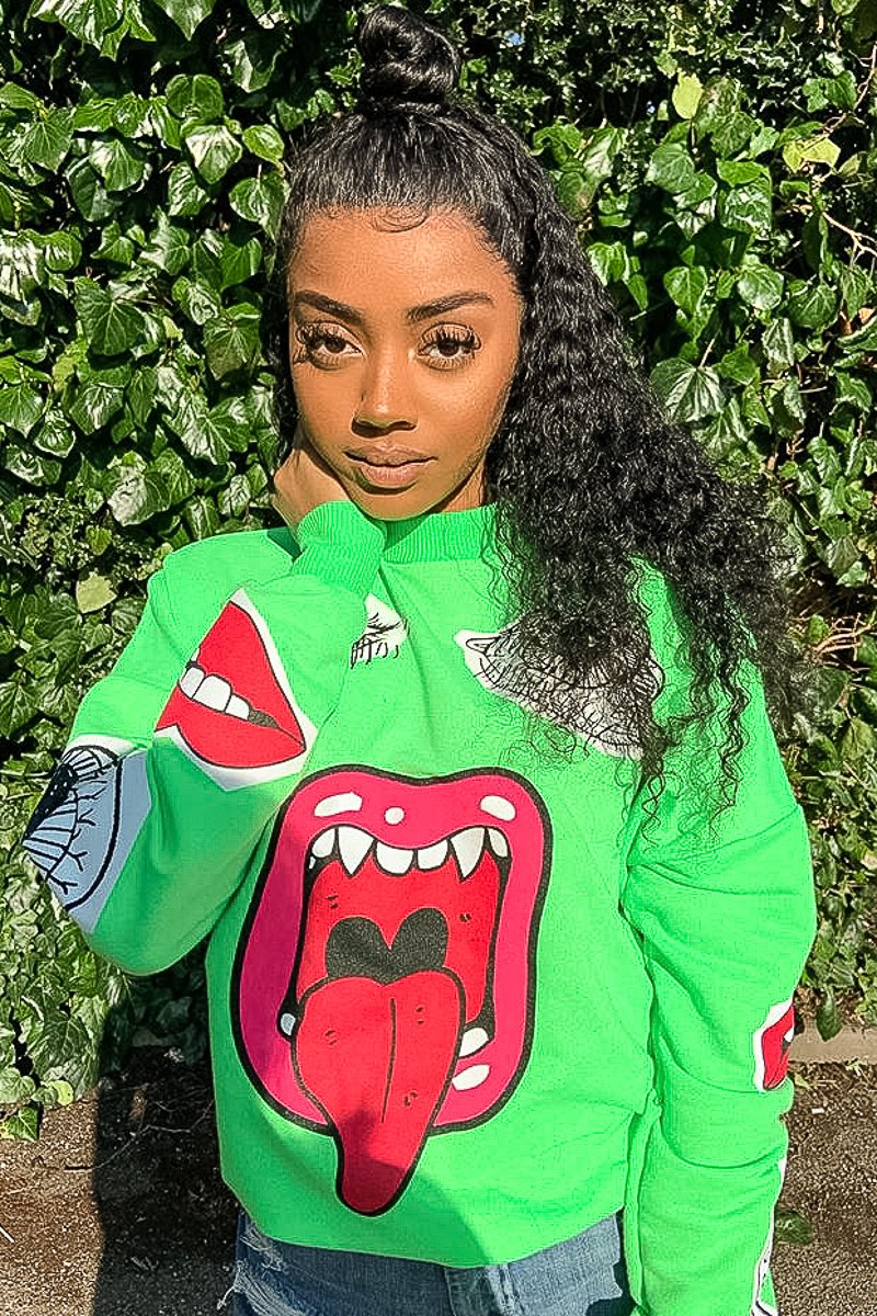 Neon Green Eyes Lips Printed Sweatshirt - Beckie-Sweatshirts