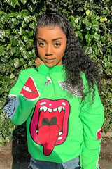 Neon Green Eyes Lips Printed Sweatshirt - Beckie-Sweatshirts
