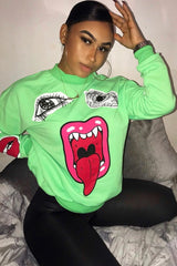 Neon Green Eyes Lips Printed Sweatshirt - Beckie-Sweatshirts