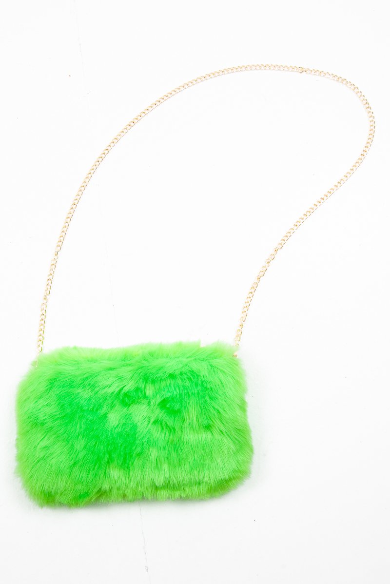 Neon Green Faux Fur Gold Chain Bag - Isaiah-Bags
