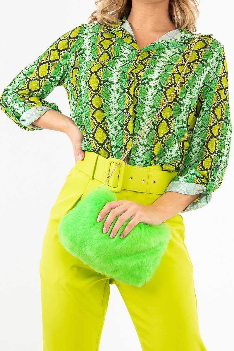 Neon Green Faux Fur Gold Chain Bag - Isaiah-Bags