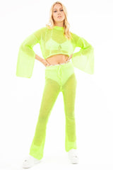 Neon Green Fishnet Crop Jumper Wide Leg Trouser Co-ord - Haddie-Co-ords