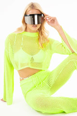 Neon Green Fishnet Crop Jumper Wide Leg Trouser Co-ord - Haddie-Co-ords