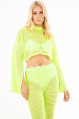 Neon Green Fishnet Crop Jumper Wide Leg Trouser Co-ord - Haddie-Co-ords