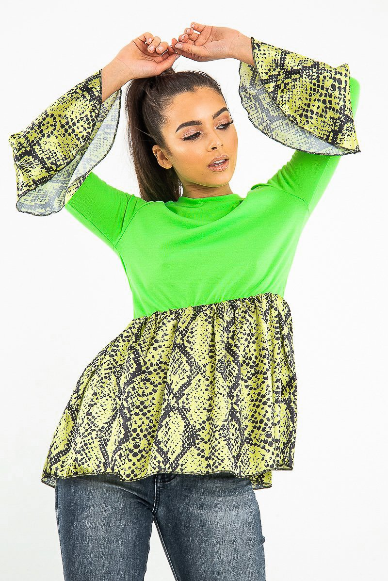 Neon Green Lime Snake Print Flare Sleeve Peplum Top - Dhara-Tops