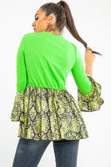 Neon Green Lime Snake Print Flare Sleeve Peplum Top - Dhara-Tops