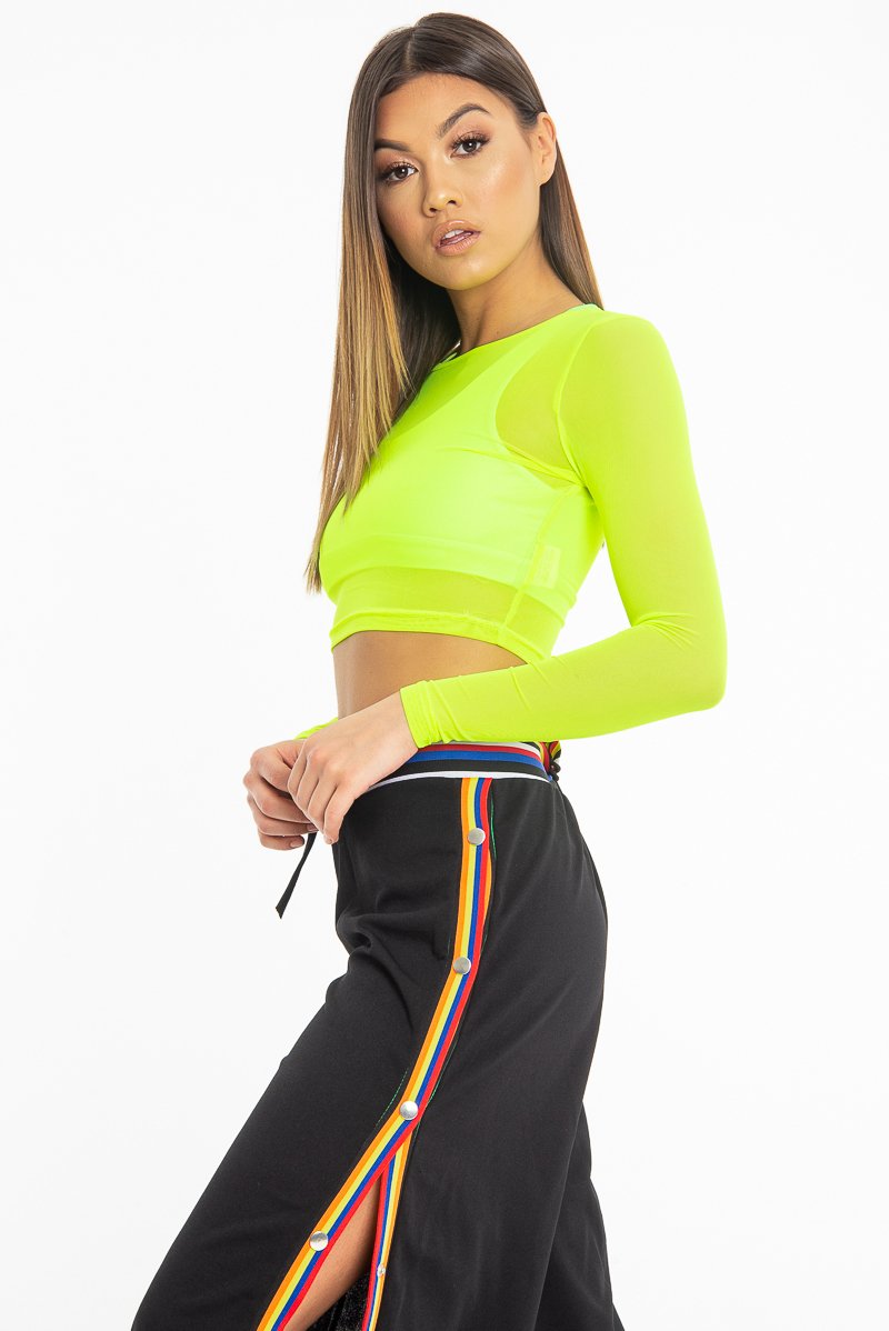 Neon Green Mesh Long Sleeve Crop Top - Presley-Crop Tops