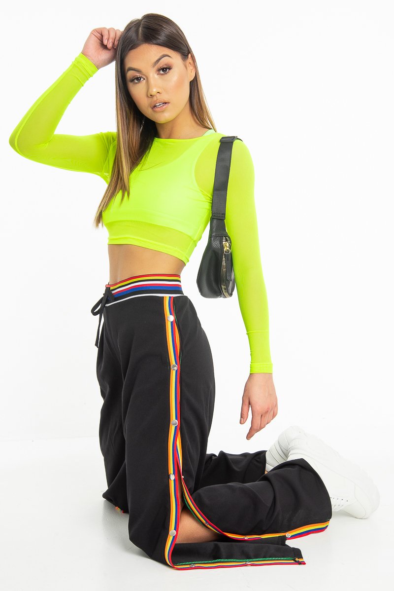 Neon Green Mesh Long Sleeve Crop Top - Presley-Crop Tops