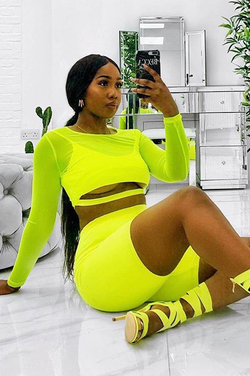 Neon Green Mesh Long Sleeve Crop Top - Presley-Crop Tops