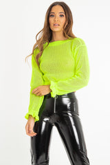 Neon Green Open Knit Ruffle Hem Crop Jumper - Carrie-Crop Jumper