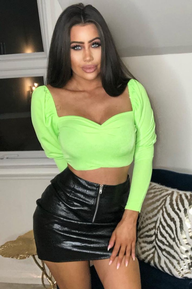 Neon Green Puff Sleeve Sweetheart Neckline Crop Top - Tomi-Crop Tops