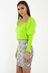 Neon Green Puff Sleeve Sweetheart Neckline Crop Top - Tomi-Crop Tops