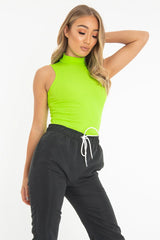 Neon Green Rib High Neck Cut Out Back Bodysuit - Leara-Bodysuits