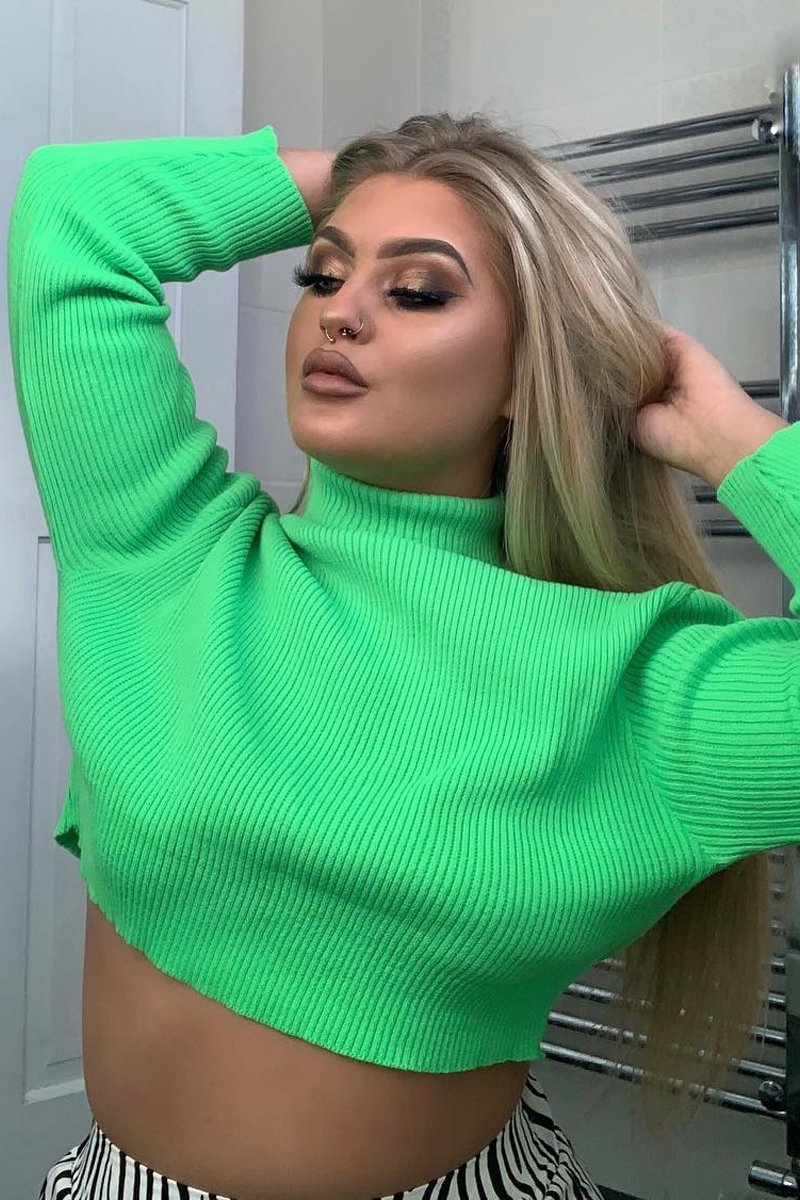 Neon Green Rib Roll Neck Crop Jumper - Hayvin-Crop Jumper