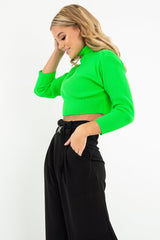 Neon Green Rib Roll Neck Crop Jumper - Hayvin-Crop Jumper