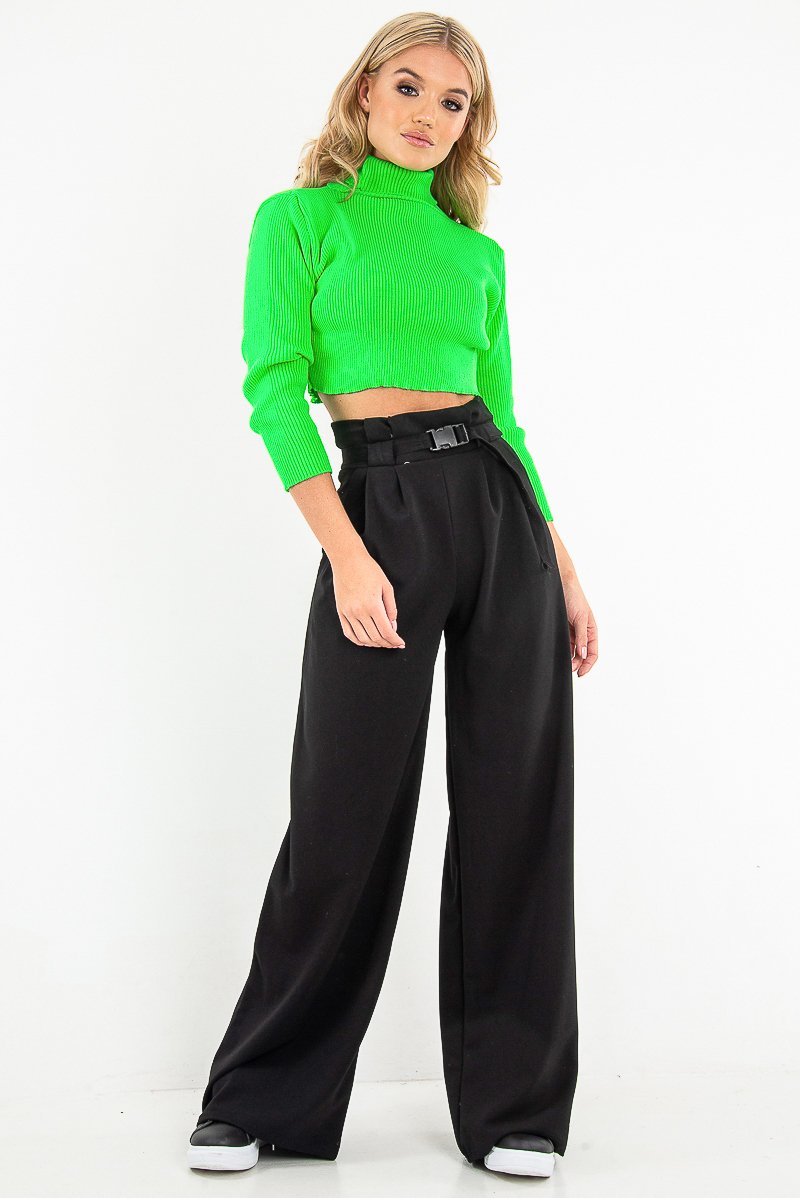 Neon Green Rib Roll Neck Crop Jumper - Hayvin-Crop Jumper