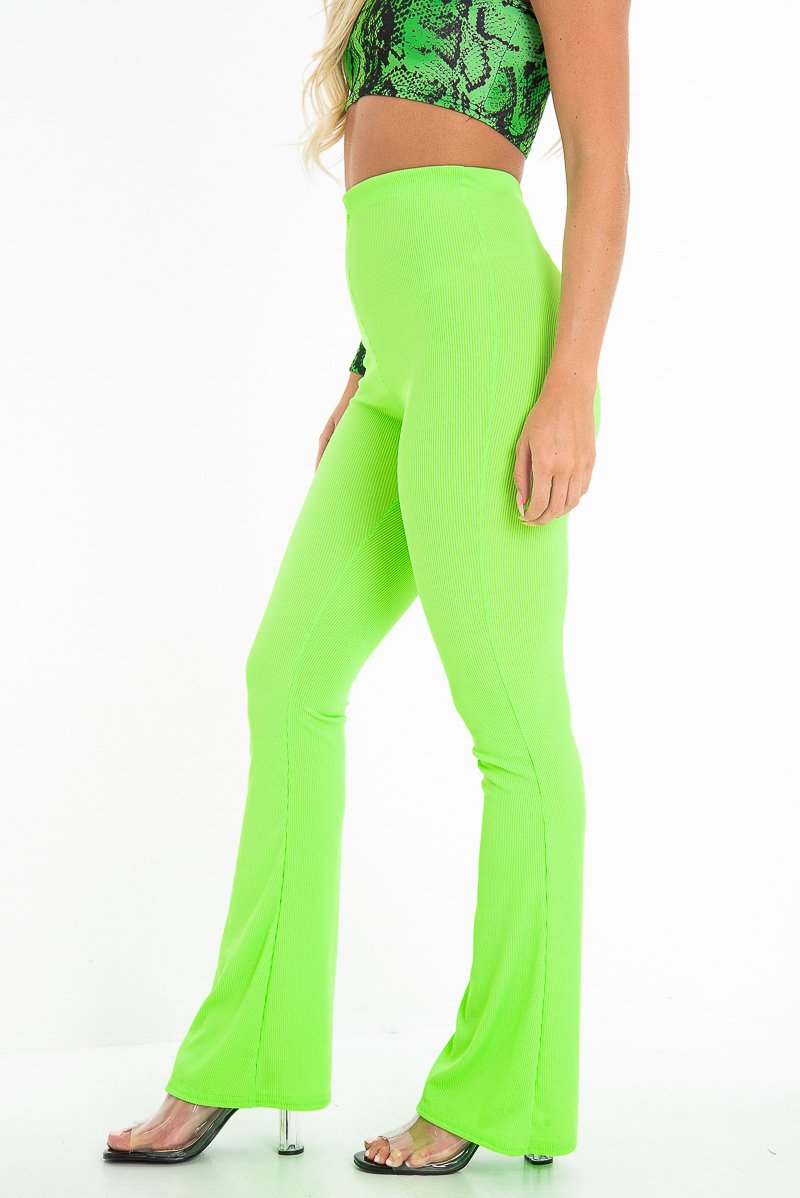 Neon Green Ribbed Kick Flare Trousers - Chlo-Trousers