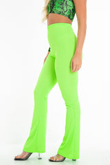Neon Green Ribbed Kick Flare Trousers - Chlo-Trousers