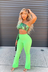 Neon Green Ribbed Kick Flare Trousers - Chlo-Trousers