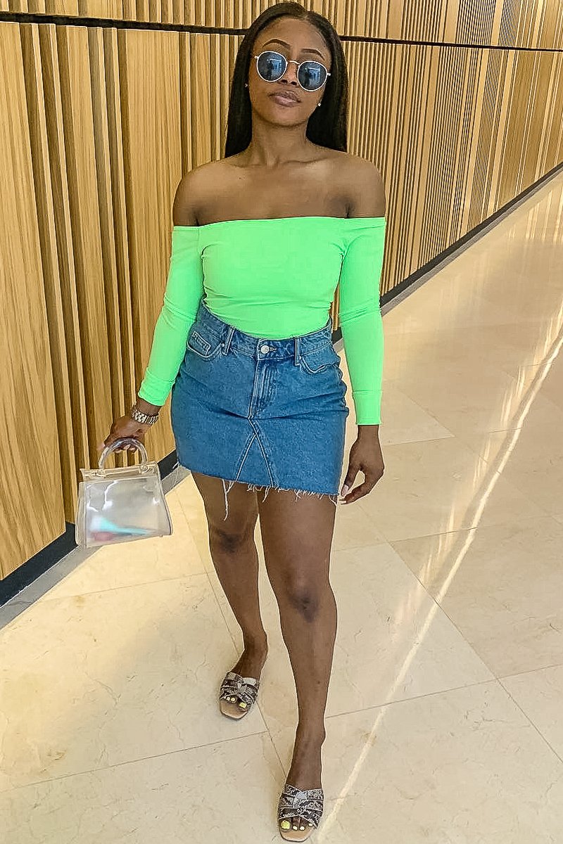 Neon Green Ribbed Square Neck Bodysuit - Alysha-Bodysuits