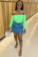 Neon Green Ribbed Square Neck Bodysuit - Alysha-Bodysuits