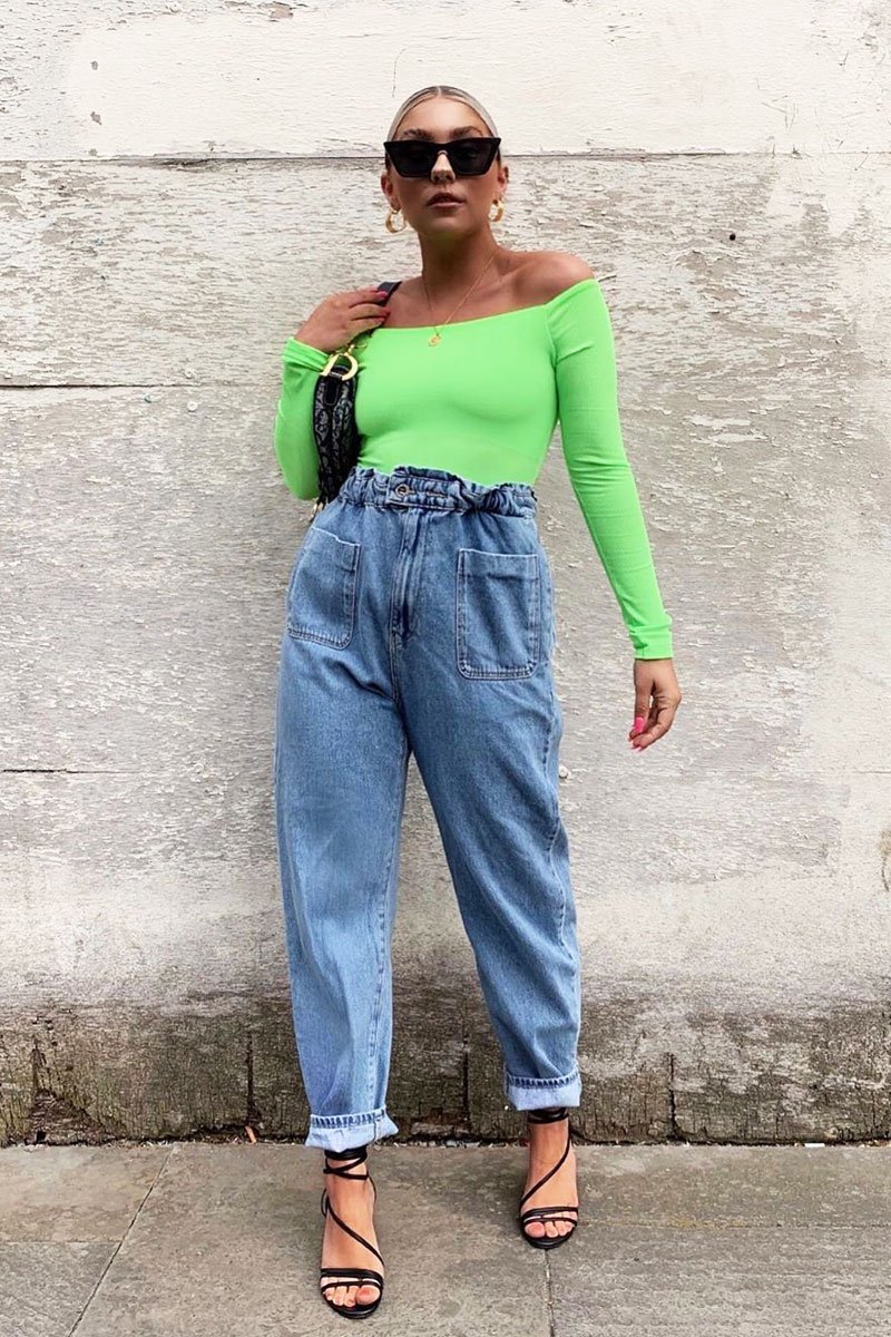 Neon Green Ribbed Square Neck Bodysuit - Alysha-Bodysuits