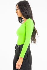 Neon Green Ribbed Square Neck Bodysuit - Alysha-Bodysuits
